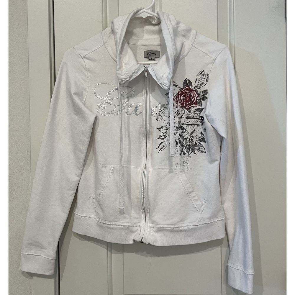 Guess Rhinestone Logo Zip Hoodie White Fitted Jacket Y2K McBling Size L